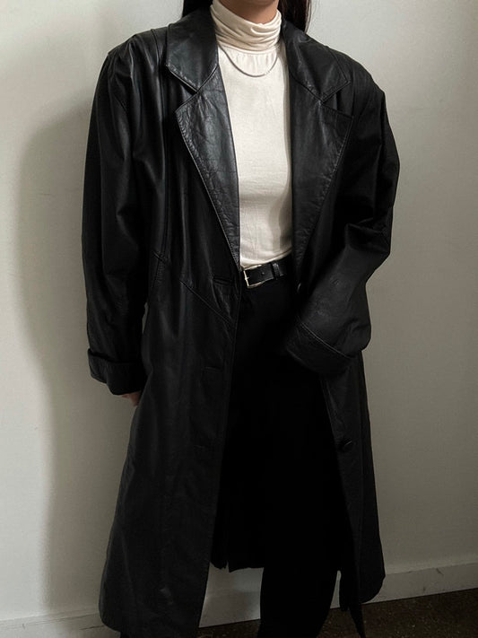 Vintage Black Leather Trench With Pleated Sleeves