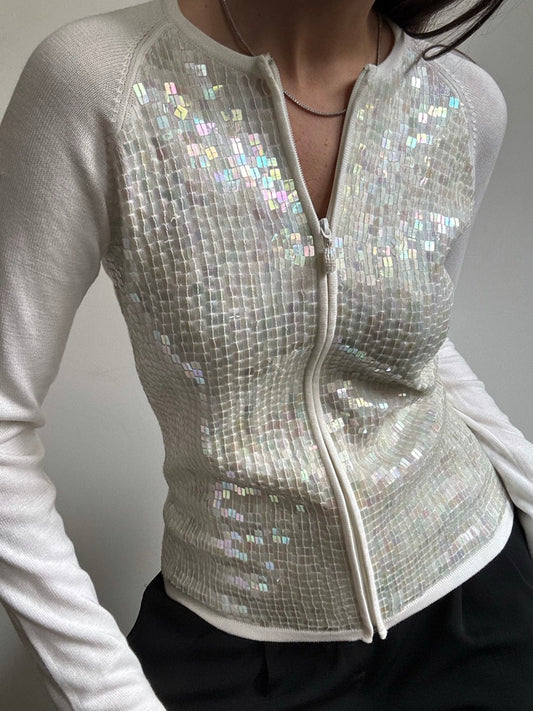 Vintage White Sequin Zip-Up Cardigan Size Medium