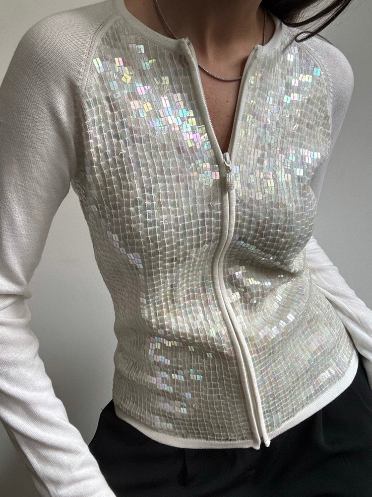 Vintage White Sequin Zip-Up Cardigan Size Medium