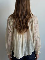 Vintage 1960's Ivory Sheer Cotton Embroidered Blouse Size Medium