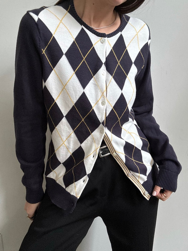 Vintage Navy + Yellow Argyle Cotton Knit Size Medium