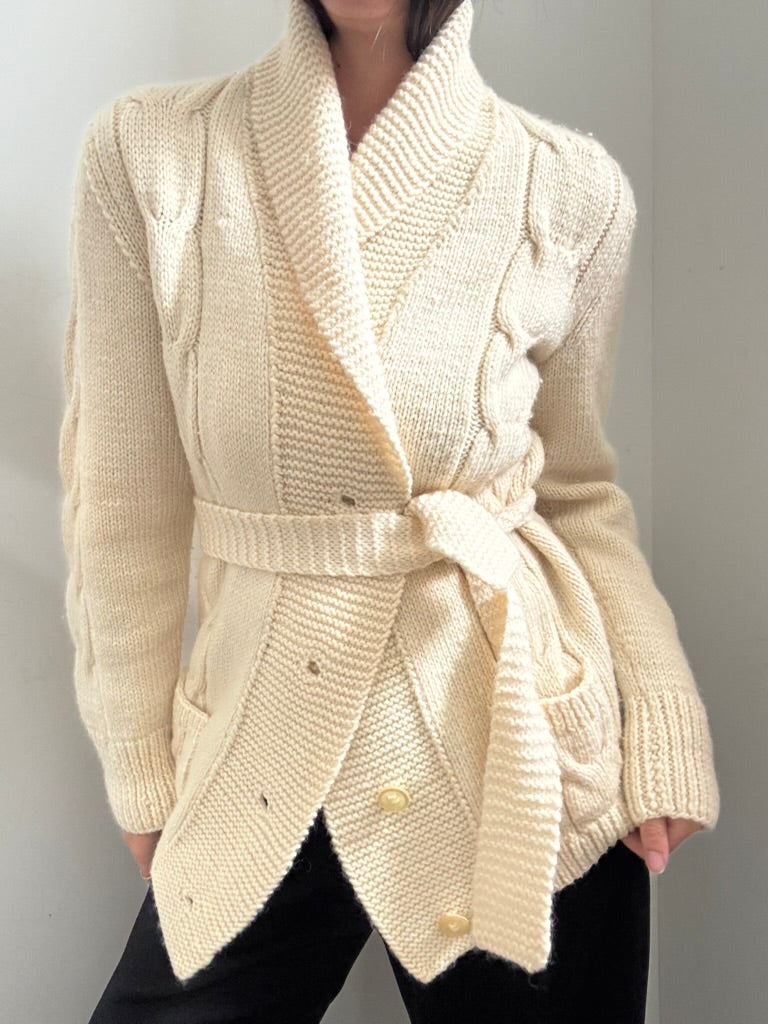 Vintage Ivory Belted Cardigan Sweater Size Large