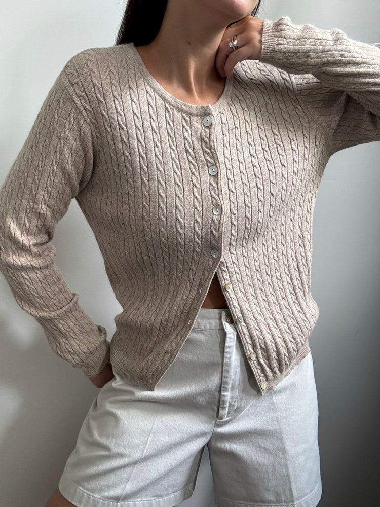Vintage Khaki Cable Knit Cardigan Sweater Size Small