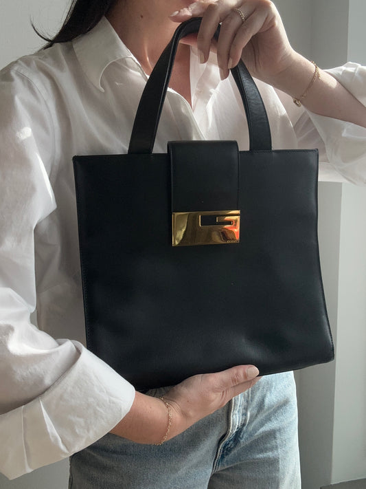 Vintage Gucci Black Leather Tote Bag With Gold-Tone Logo Closure