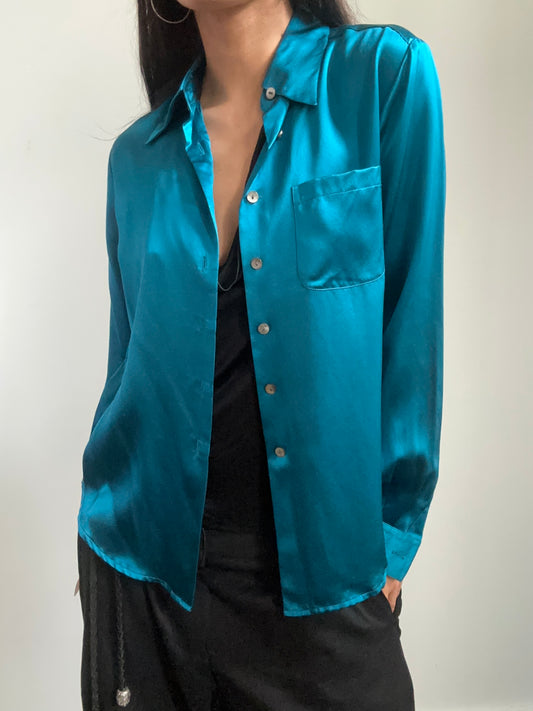 Vintage Cyan Silk Button-Up Size Small