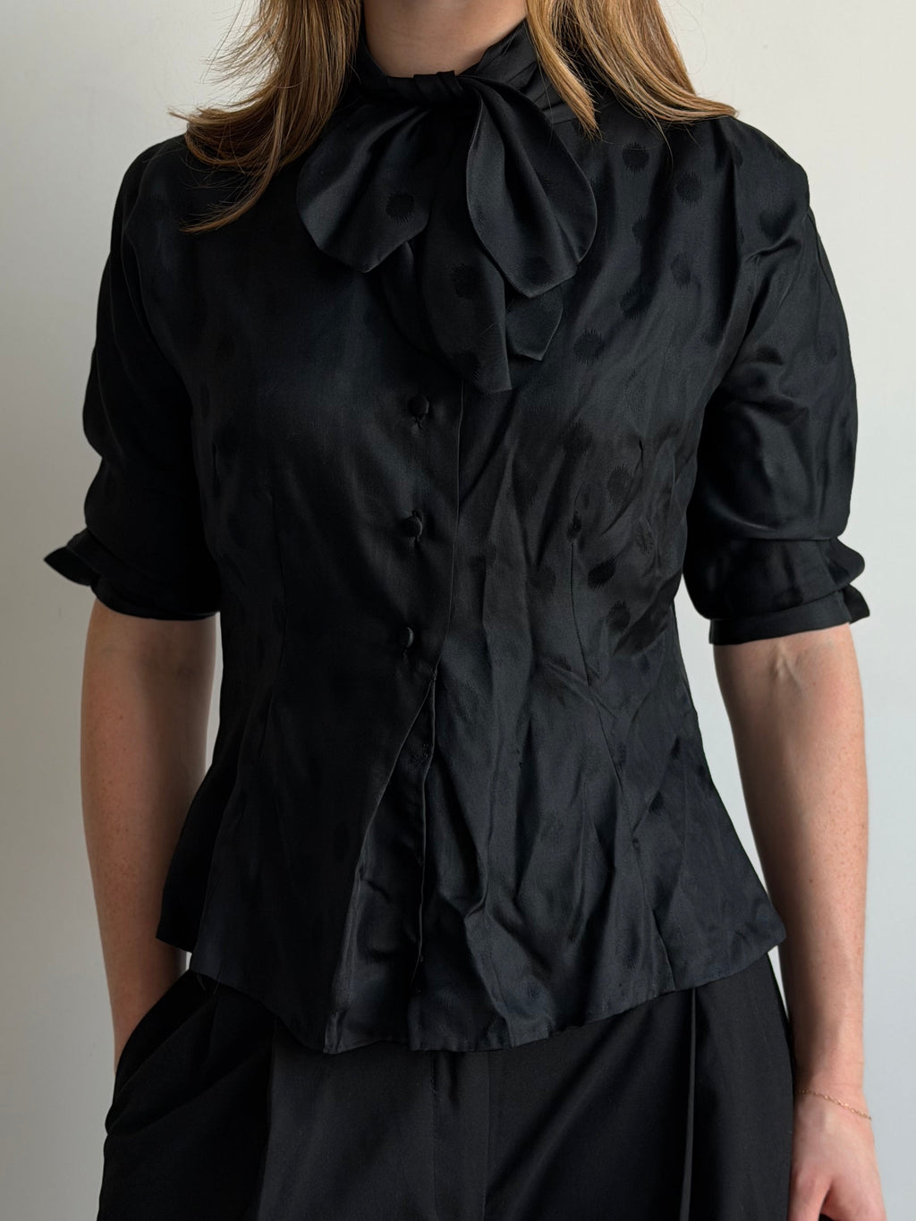 Vintage Black Polka Dot Tied Fitted Blouse Size Medium