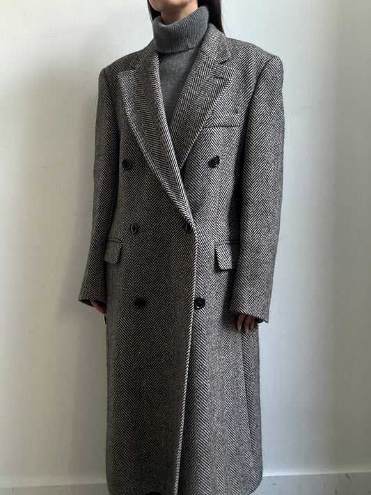 Vintage Grey + Black Herringbone Pattern Double-Breasted Trench Size large