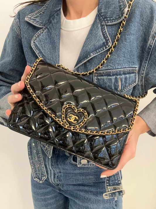 Pre-Loved Chanel Black Quilted Patent Chain Heart Flap Bag