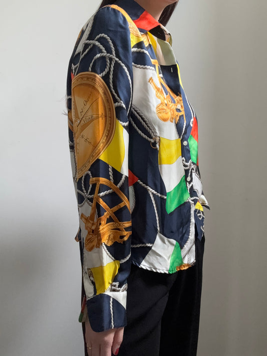 Vintage RL 100% Silk Multicolored Printed Button Up Size Small