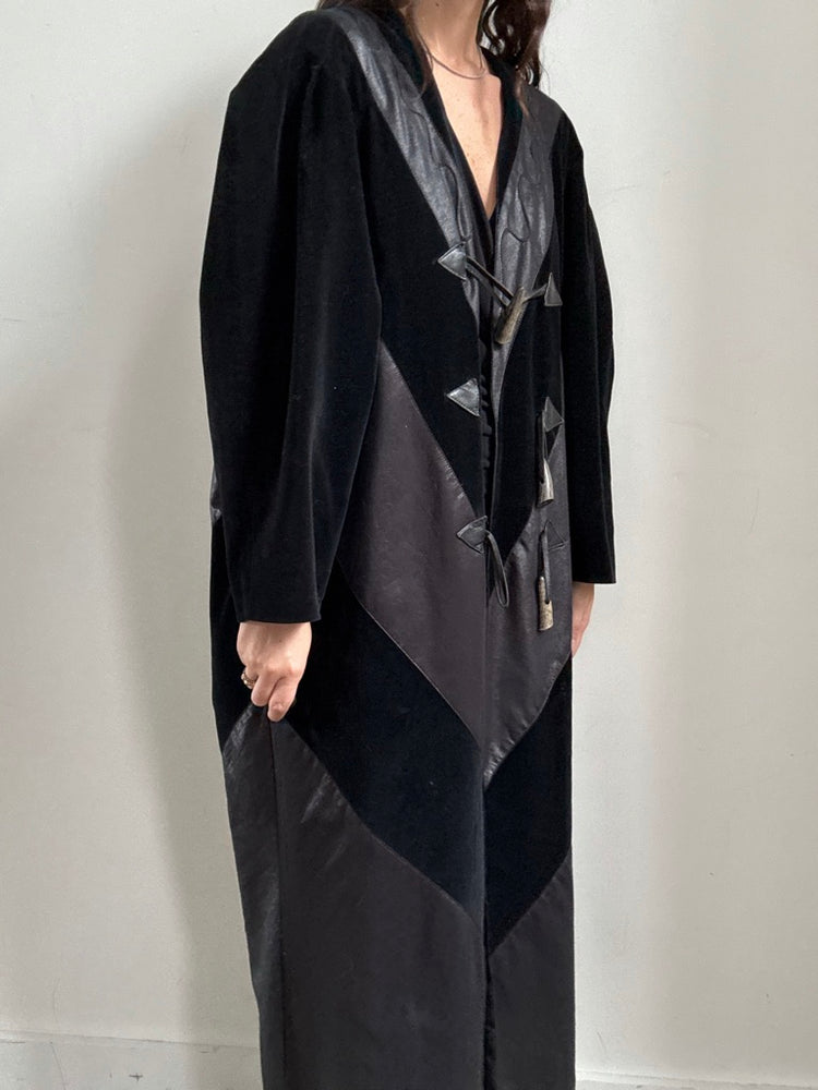 Vintage Black Faux Suede + Leather Long Coat Size Large