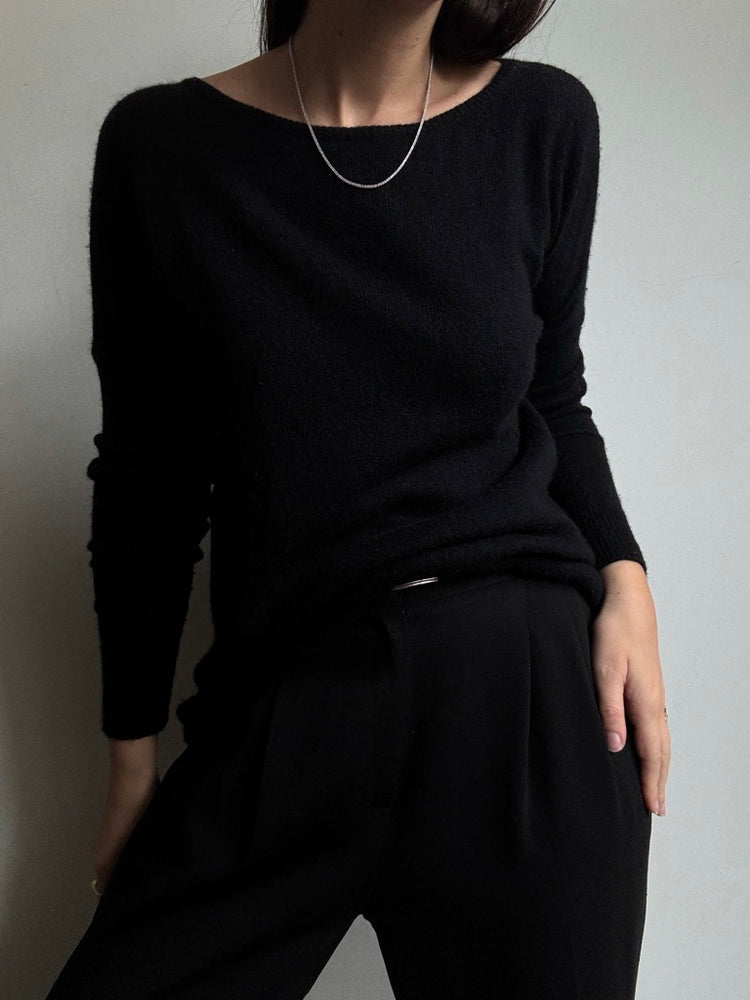 Vintage Classic Black Wool & Cashmere Boatneck Sweater Size Small