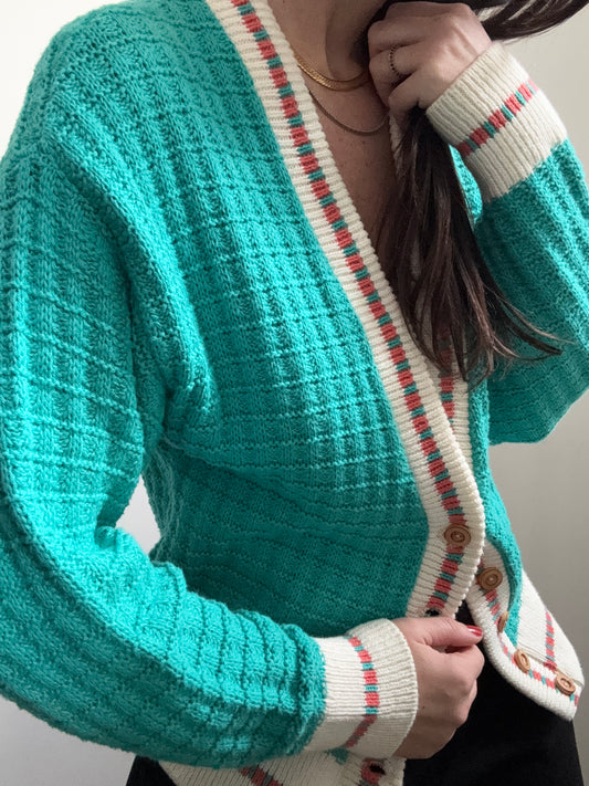 Vintage Teal, Orange, + Ivory V-Neck Cardi Size Large