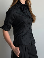 Vintage Black Polka Dot Tied Fitted Blouse Size Medium