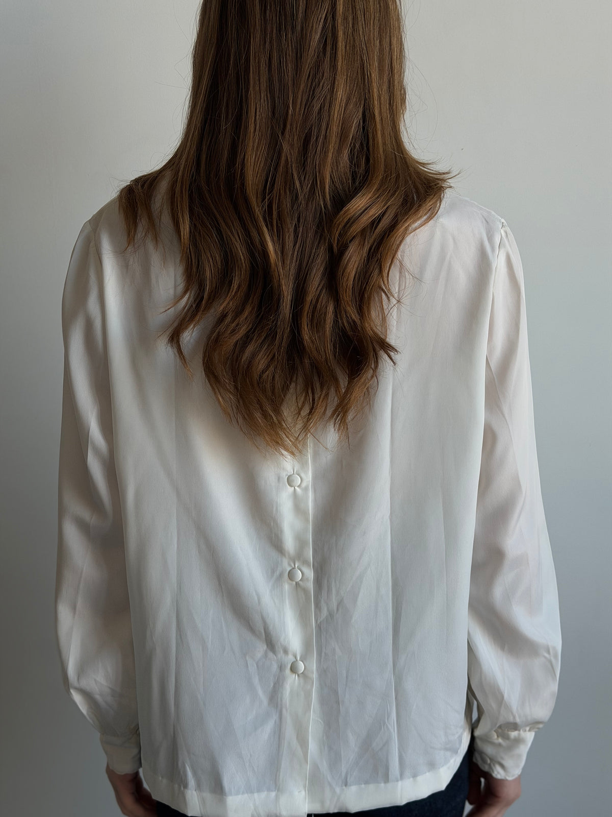 Vintage Ivory Hand-Embroidered Satin Blouse Size Large