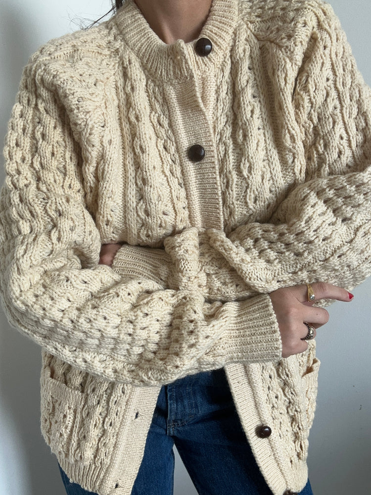 Vintage Cream Cable Knit Cardigan Sweater Size X-Large