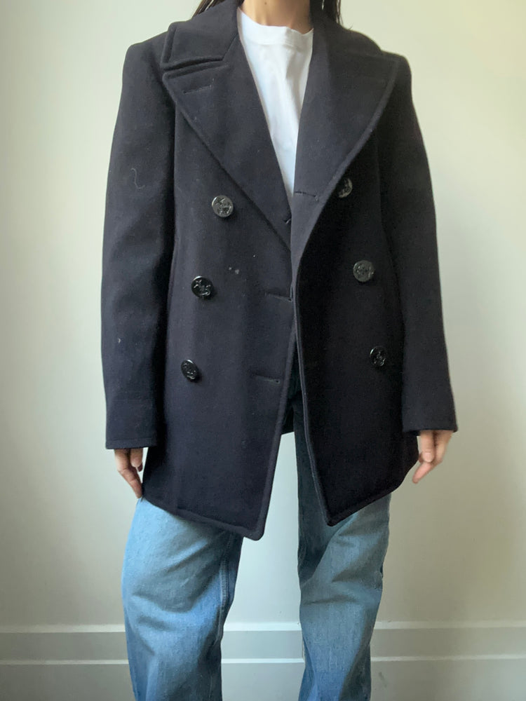 Vintage Navy Peacoat Fitted Wool Coat Size S