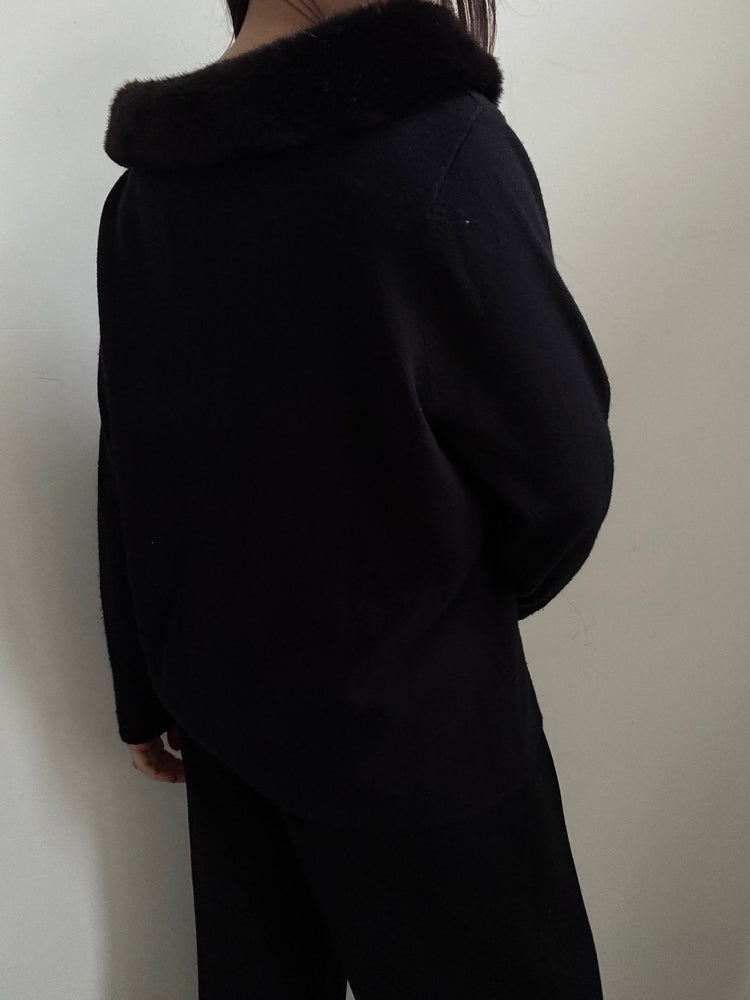 Vintage Black Long Sleeve Top Faux Fur Collar Size Large