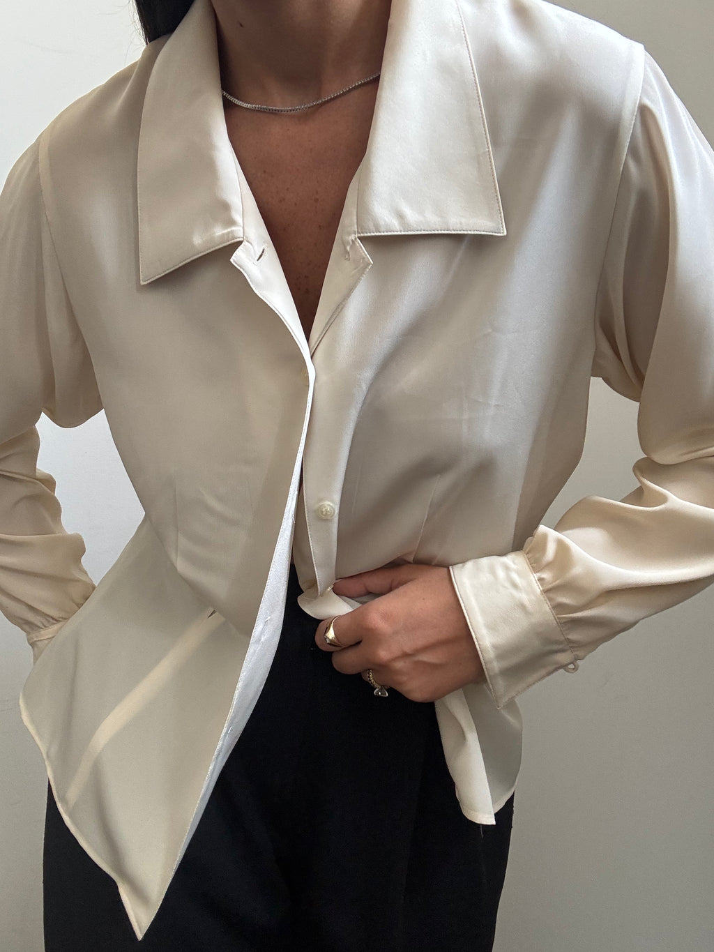 Vintage Beige Silky Button-Up Blouse Size Medium