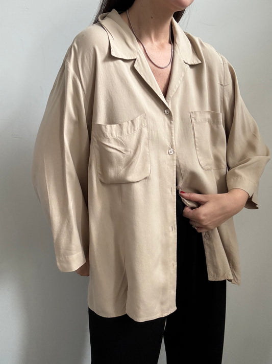 Vintage Tan Silk 3/4 Sleeve Button Up Size XL