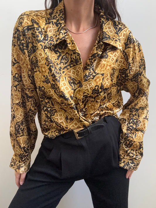 Vintage Black + Gold Ornate Scroll Patterned Button-Up Size Large