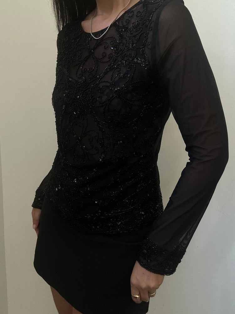 Vintage Black Sequin Sheer Top Size Medium