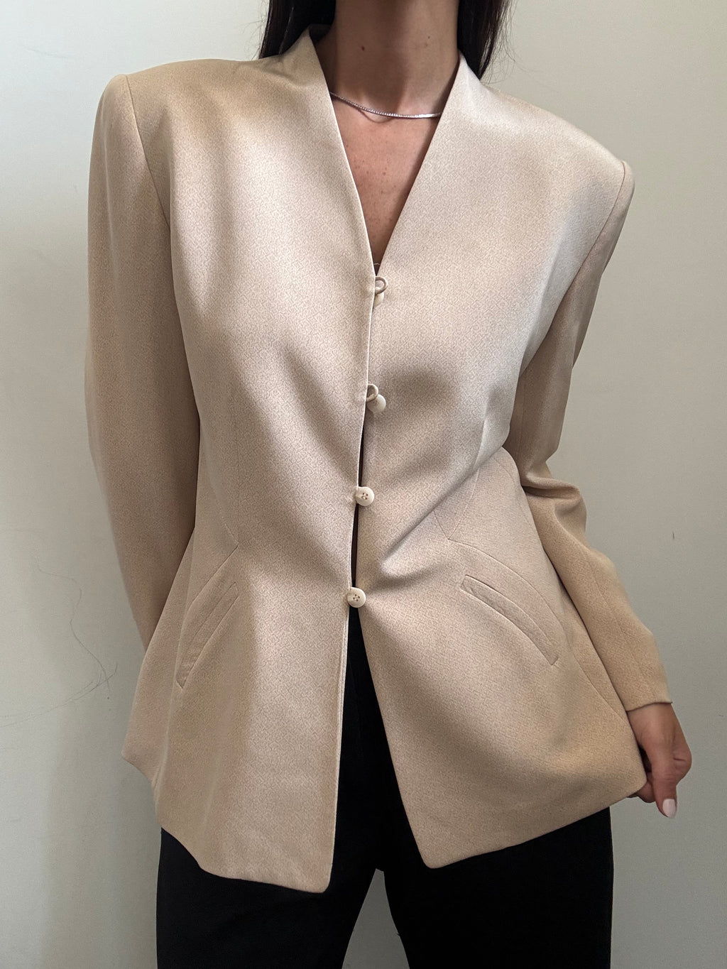 Vintage Tan Silk Collarless Blazer Size Large