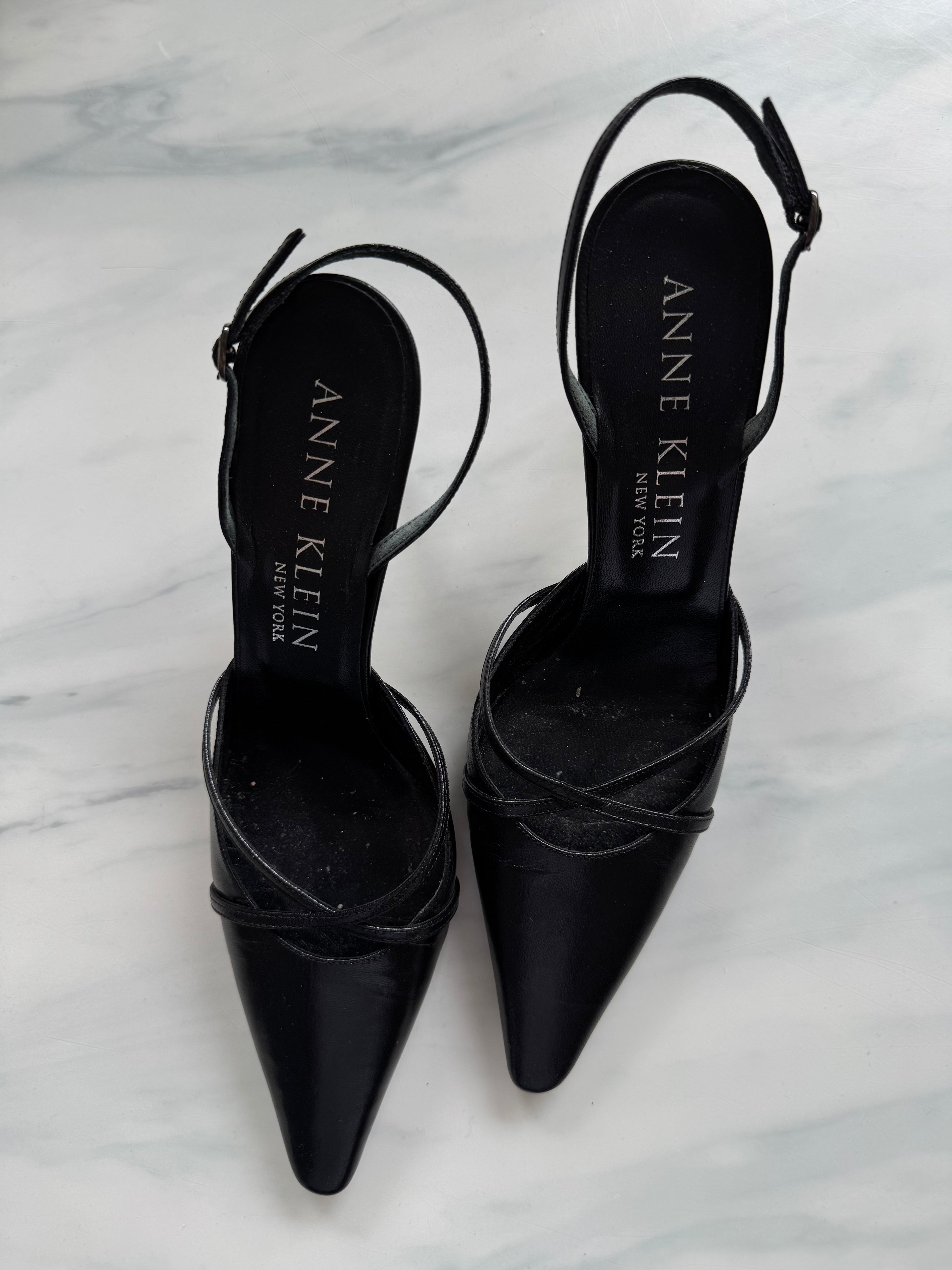 Vintage Black Leather Slingback Pointed Toe Heel Size 9