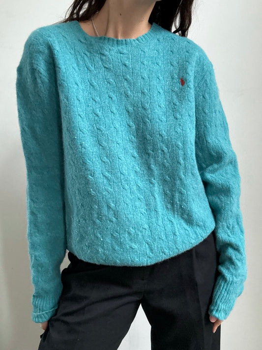 Vintage Ralph Lauren Teal Lambswool Cable Knit Sweater Size Medium