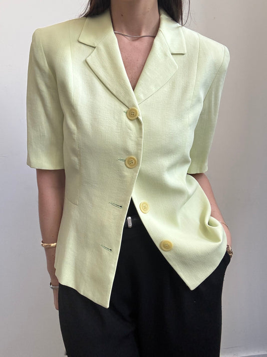 Vintage Lime Green Short Sleeve Tailored Button Up Blouse Size Large