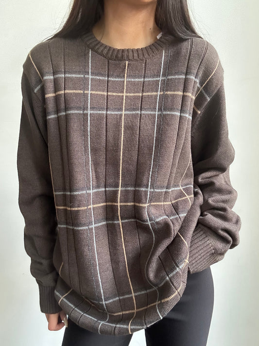 Vintage Oscar De La Renta Brown Ribbed Crew-Neck Sweater Size Large