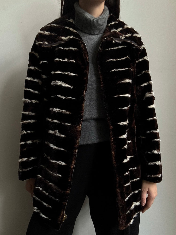 Vintage Brown + White Rabbit Fur Jacket Size Medium