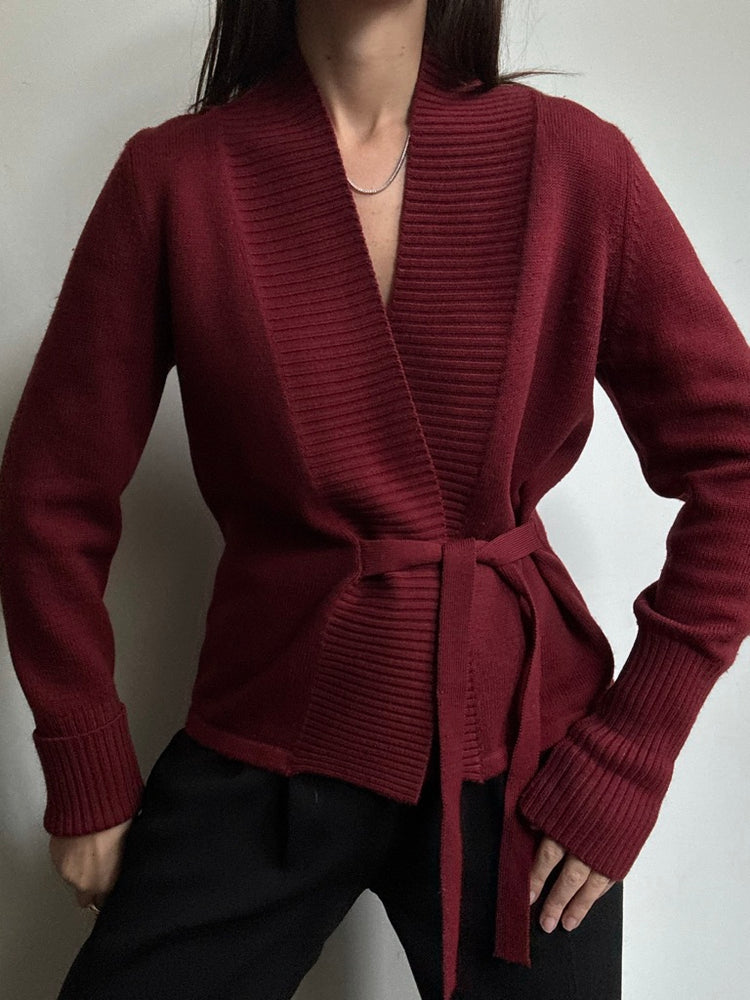 Vintage Maroon Merino Wool Wrap Cardigan Size Medium