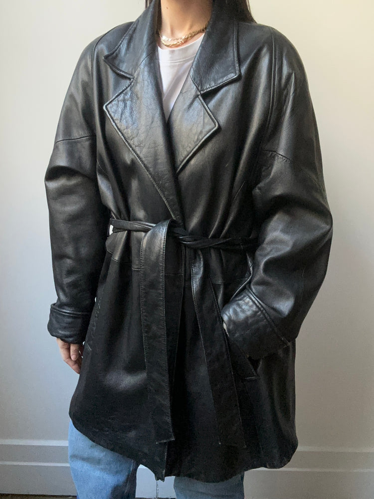 Vintage Black Leather Trench Size X-Large