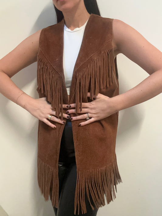 Vintage Brown Leather Fringe Vest OS