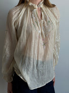 Vintage 1960's Ivory Sheer Cotton Embroidered Blouse Size Medium