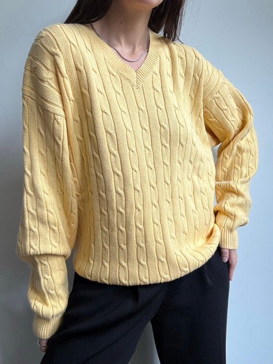 Vintage Yellow Cotton Cable Knit V-Neck Sweater Size Large