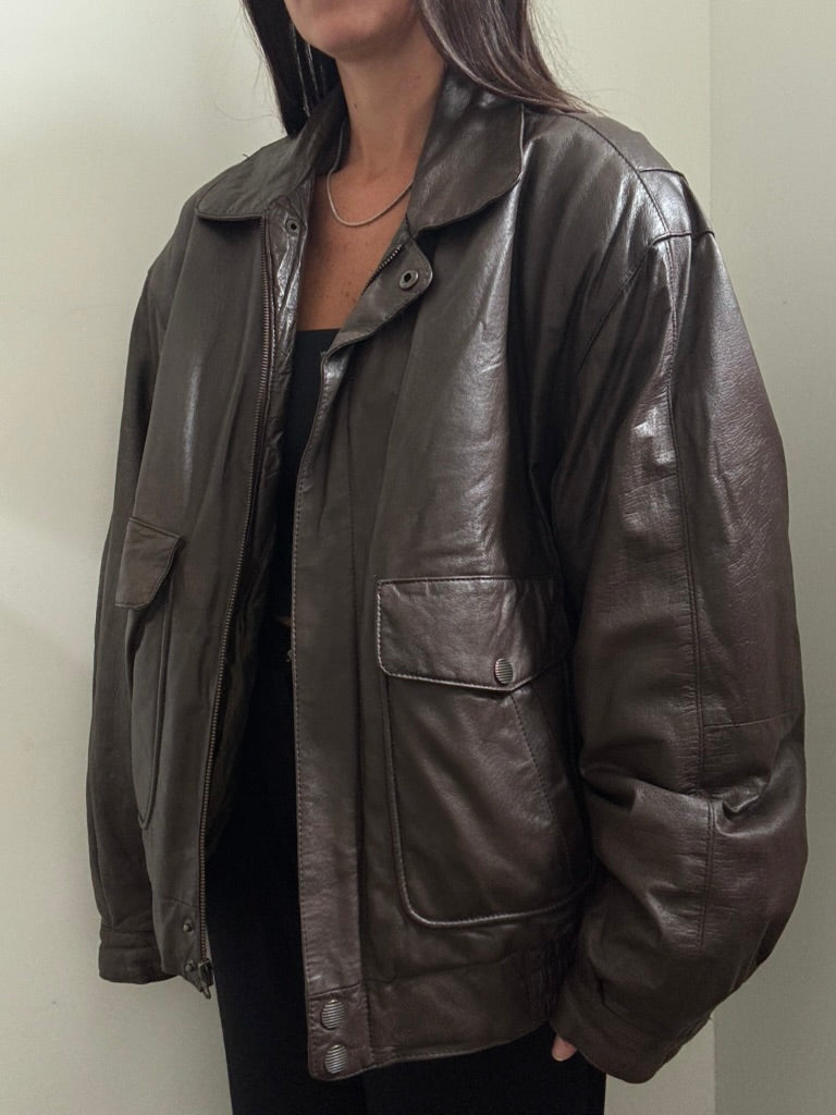Vintage Dark Brown Leather Bomber Jacket Size XL