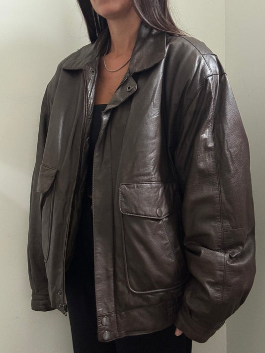 Vintage Dark Brown Leather Bomber Jacket Size XL