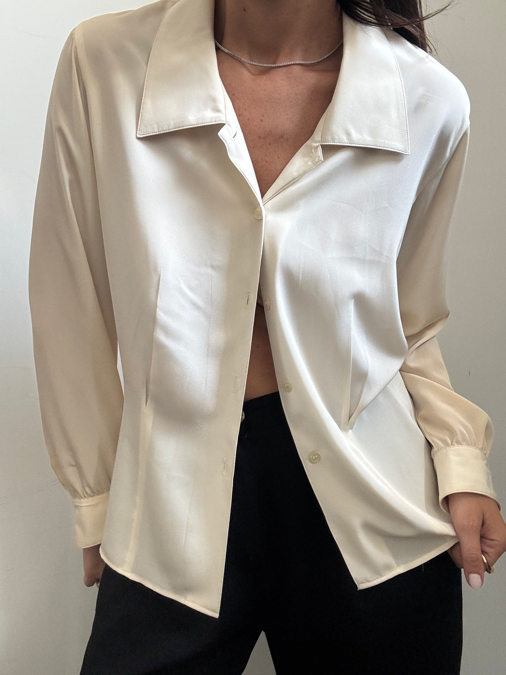 Vintage Beige Silky Button-Up Blouse Size Medium