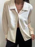 Vintage Beige Silky Button-Up Blouse Size Medium