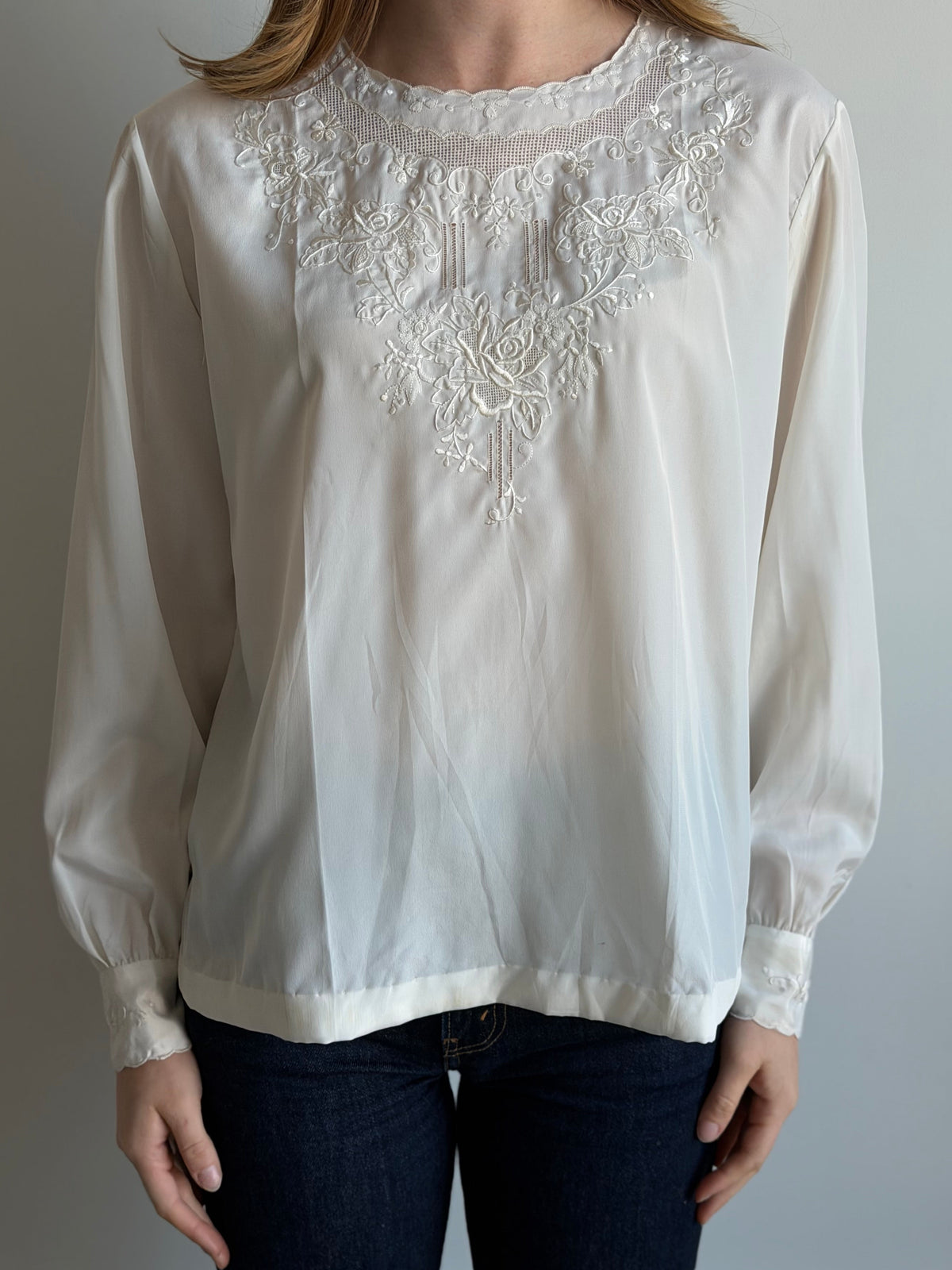 Vintage Ivory Hand-Embroidered Satin Blouse Size Large
