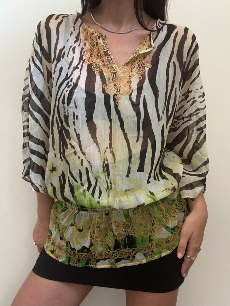 Sheer Zebra Print 3/4 Sleeve Cover-Up Size 2