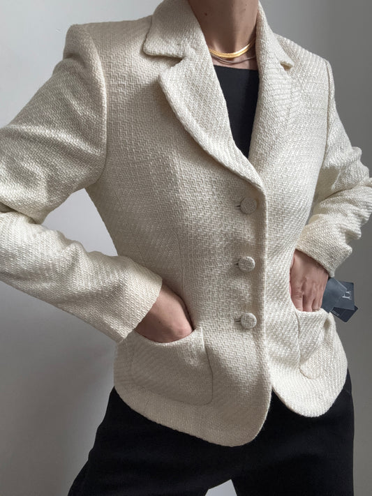 Vintage Ivory Wool Blended Fitted Blazer Size Small