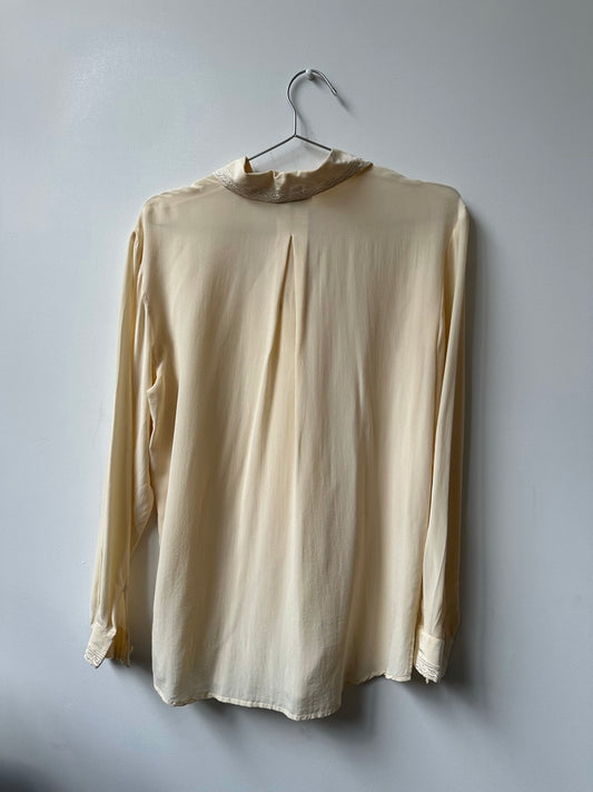 Vintage Ivory Silk Button-Up With Embroidered Trim Size Small