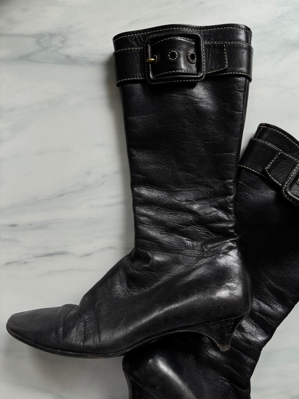 Vintage Miu Miu Knee-High Black Leather Heeled-Boot Size 6