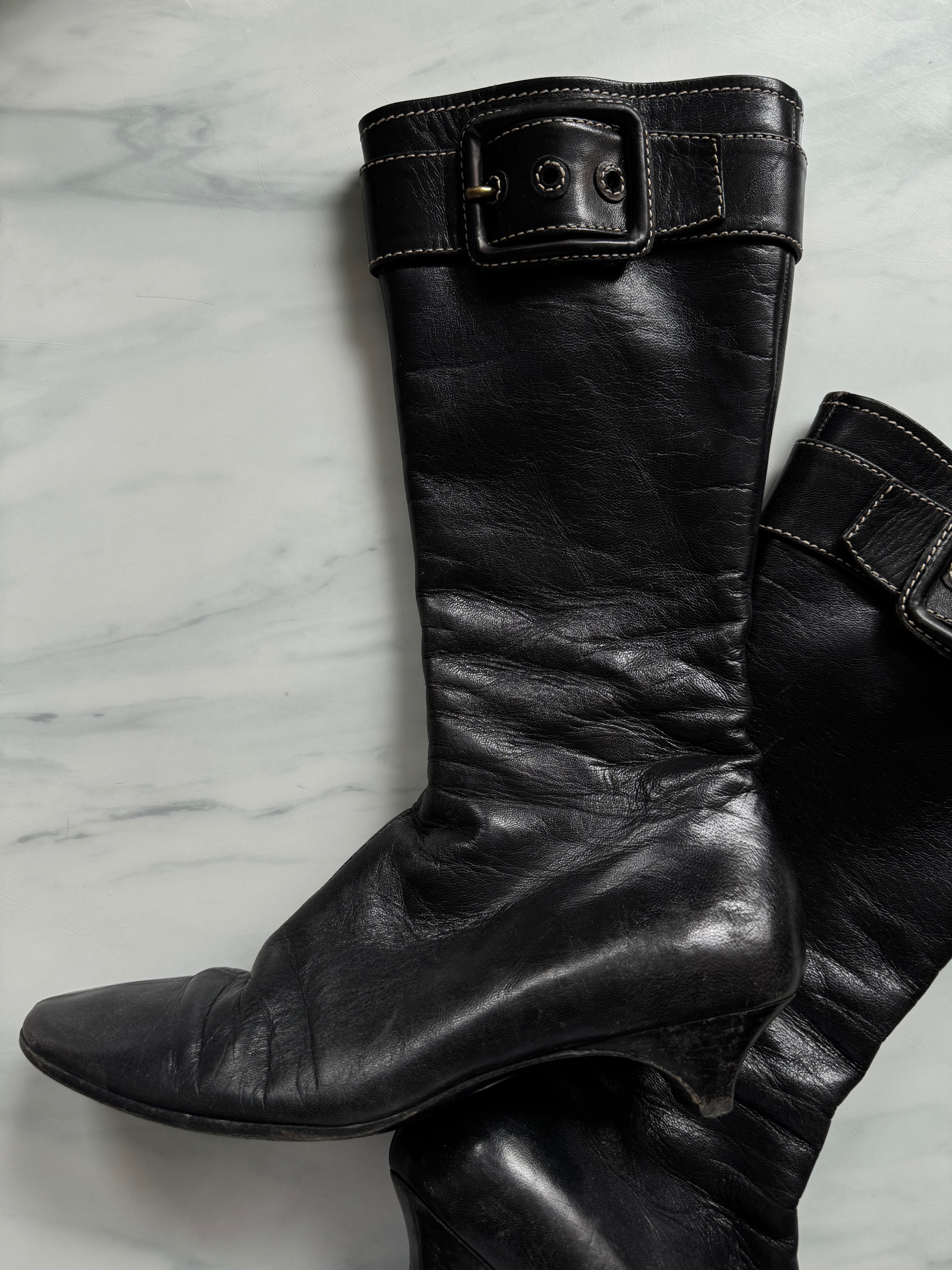 Vintage Miu Miu Knee-High Black Leather Heeled-Boot Size 6