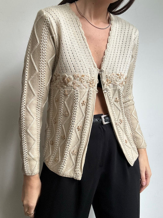 Vintage Beige Crochet + Embroidered Cardigan Size Medium