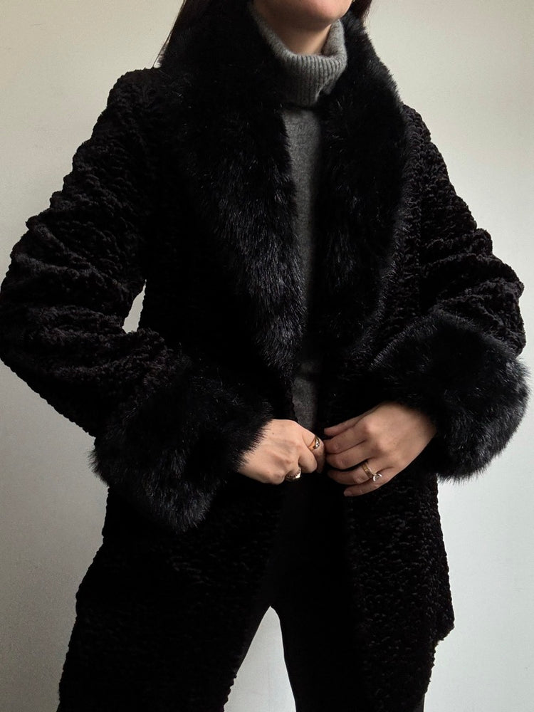 Vintage Black Faux Fur Trim Coat Size Small