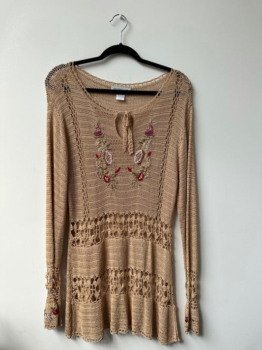 Vintage Tan Crochet Tunic With Floral Embroidery Size Medium