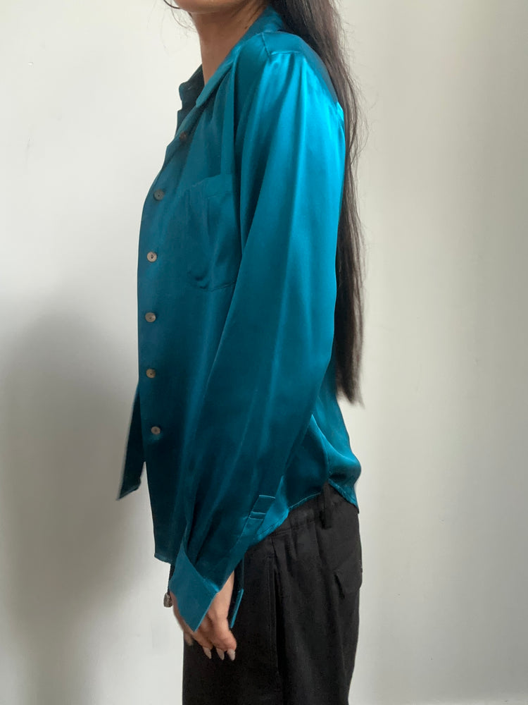 Vintage Cyan Silk Button-Up Size Small